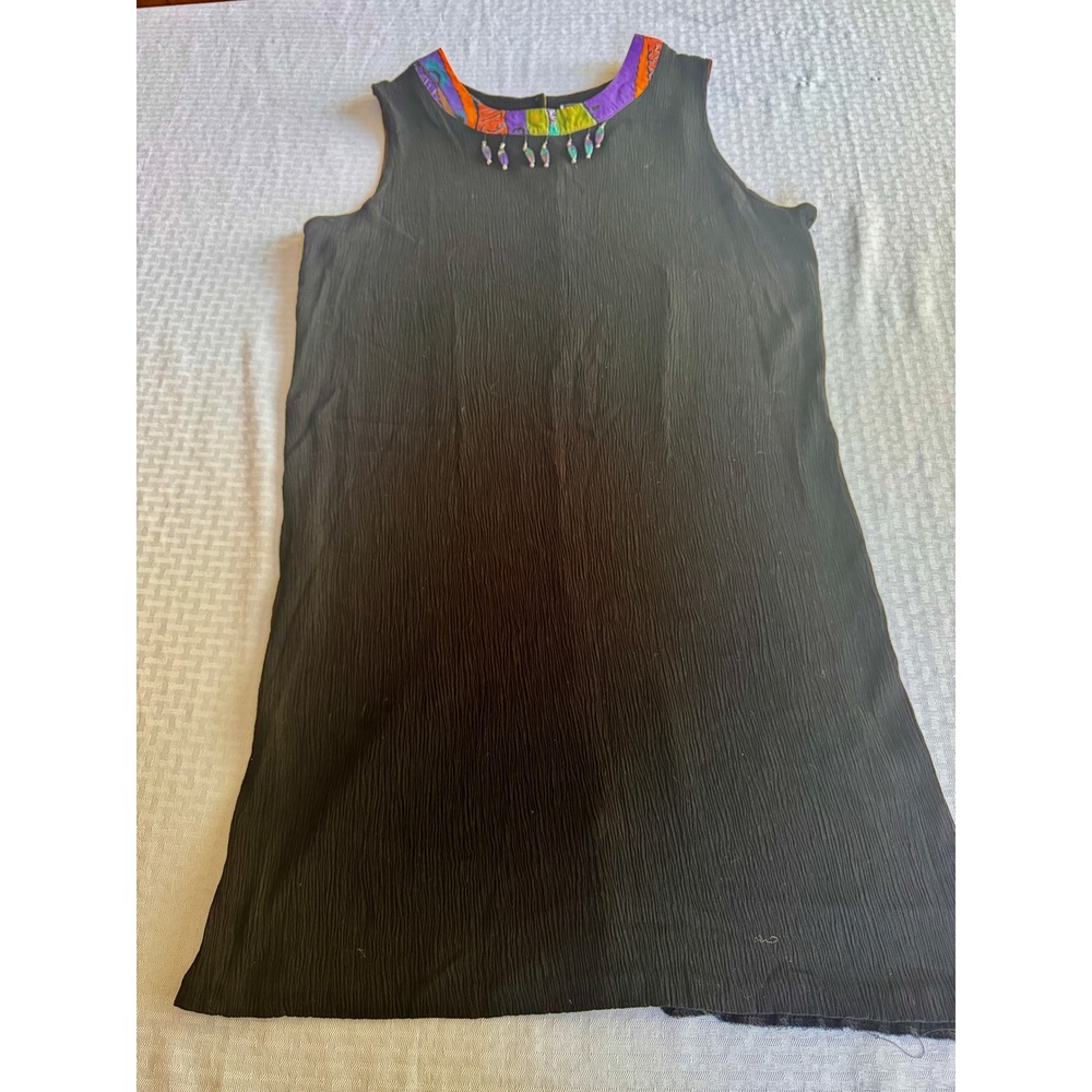 Sharon Anthony Vintage 90s Art to Wear Beaded Crinkle Rayon Shift Dress Black XL